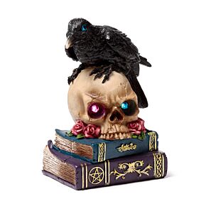 Crow Perched on LED Skull & Books Crow Perched on LED Skull & Books