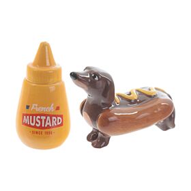 Sausage Dog in a Bun & Mustard Fast Food Ceramic Salt & Pepper Set