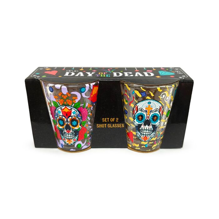 Set of 2 Day of the Dead Glass Shot Glasses (50ml)