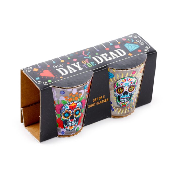 Set of 2 Day of the Dead Glass Shot Glasses (50ml)
