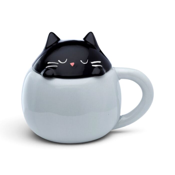 Feline Fine Black Cat Peeping Lid Ceramic Lidded Animal Mug