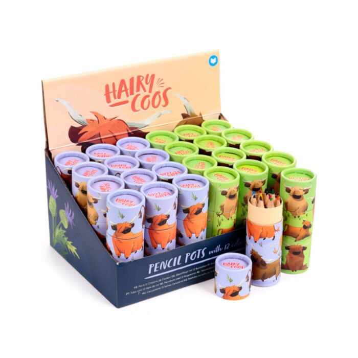 Hairy Coos Cow Highland Coo Pencil Pot with 12 Colouring Pencils