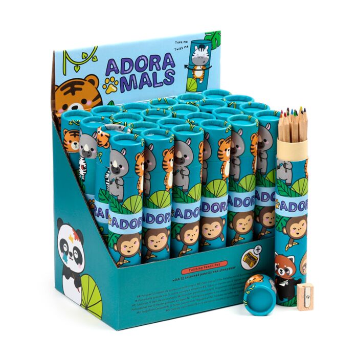 Adoramals Wild Large Twist Top Pencil Pot with 12 Colouring Pencils & Sharpener