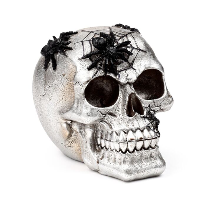 Silver Skull with Black Spiders & Webs
