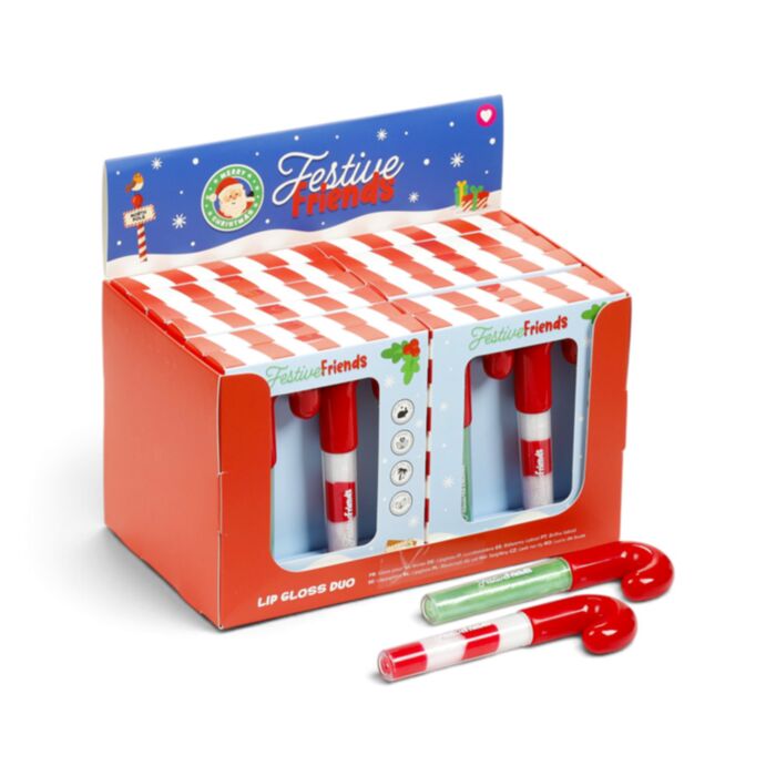 Set of 2 Christmas Festive Friends Candy Cane Shaped Lip Gloss
