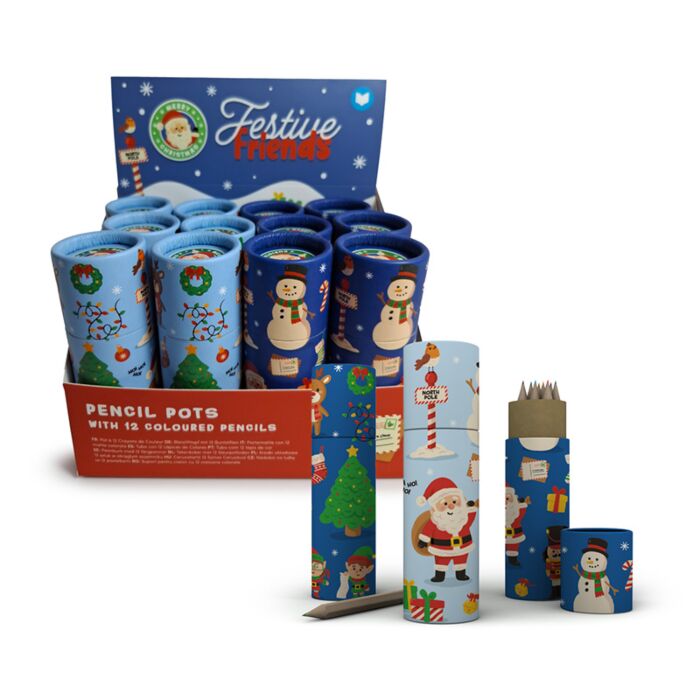 Festive Friends Christmas Pencil Pot with 12 Colouring Pencils