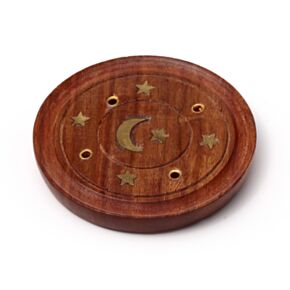 Sheesham Wood Round Ashcatcher Incence Burner with Moon & Stars Inlay