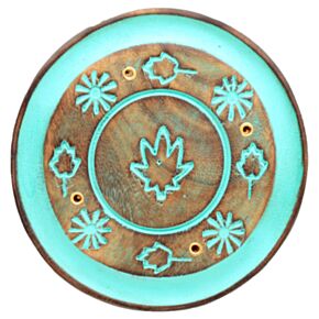 Mango Wood Round Painted Leaf Ashcatcher Incense Burner