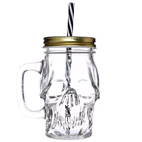 Glass Skull Drinking Jar with Metal Lid & Stripy Straw