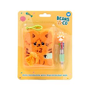 Beans & Co Cat Plush A7 Mini Notepad & Multi Colour Pen (4 Colours)